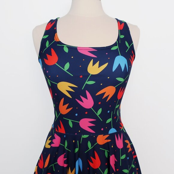 Kate Gabrielle tulip print navy sample dress size Small - Picture 2 of 3